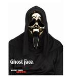 Ghostface‑Maske mit goldener Maske und schwarzer Kapuze.