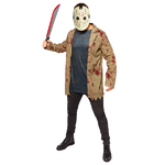 Horror‑Kostüm im Jason‑Stil mit zerrissener Kleidung und ikonischer Maske.