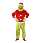 Grinch‑Kostüm mit grüner Maske und Fellhose.