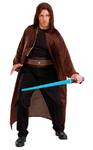 Erwachsenen‑Jedi‑Kostüm mit braunem Gewand, Lichtschwert, Gürtel und Padawan‑Zopf, erhältlich in Berlin