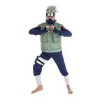 Kakashi‑Kostüm mit grüner Jōnin‑Weste, dunkler Kleidung und Stirnband, ideal für Naruto‑Cosplay.