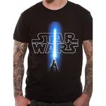 Schwarzes Star‑Wars‑T‑Shirt mit blauem Lichtschwert‑Motiv; modernes Fan‑Merchandise, erhältlich in Berlin.