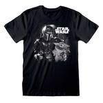 Schwarzes Star‑Wars‑T‑Shirt mit fotorealistischem Bild des Mandalorian; modernes Fan‑Shirt, erhältlich in Berlin.